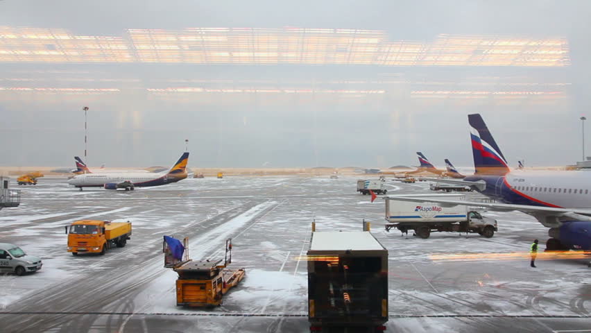 MOSCOW - DECEMBER 18: (Time lapse view) Airfield airport - view from the terminal on December 18, 2011 in Moscow, Russia.