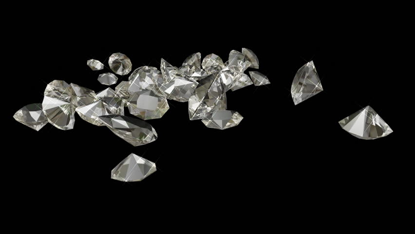 Sparkling Diamonds (HD). Dozens of white sparkling diamonds drop on a dark surface and bounce around until rest. Computer Animated.