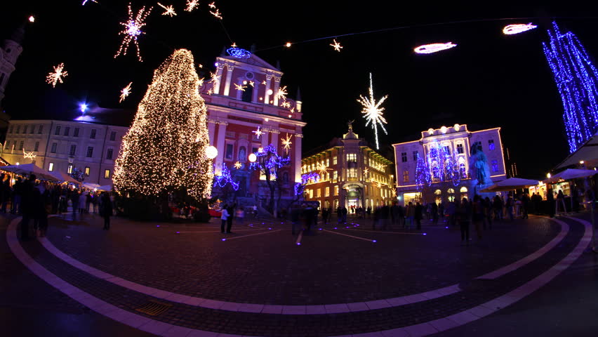 Timelapse of life in city in time of christmas. Recorded with fisheye. Location Ljubljana centre. HD1080p. 