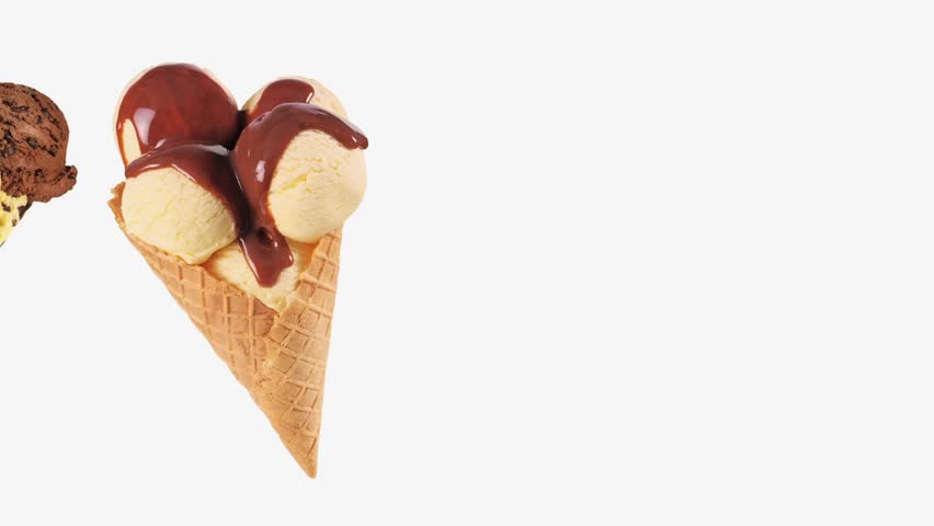 Three cones of different flavoured ice cream