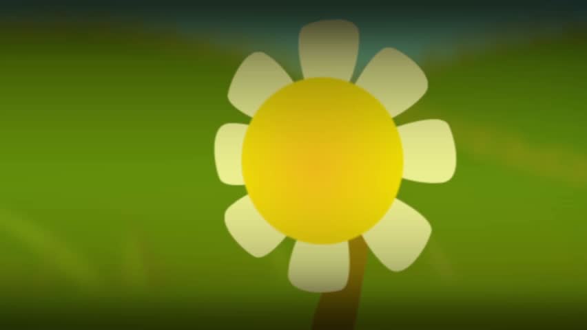 Animation of a cow running towards a dandelion and falling off a cliff