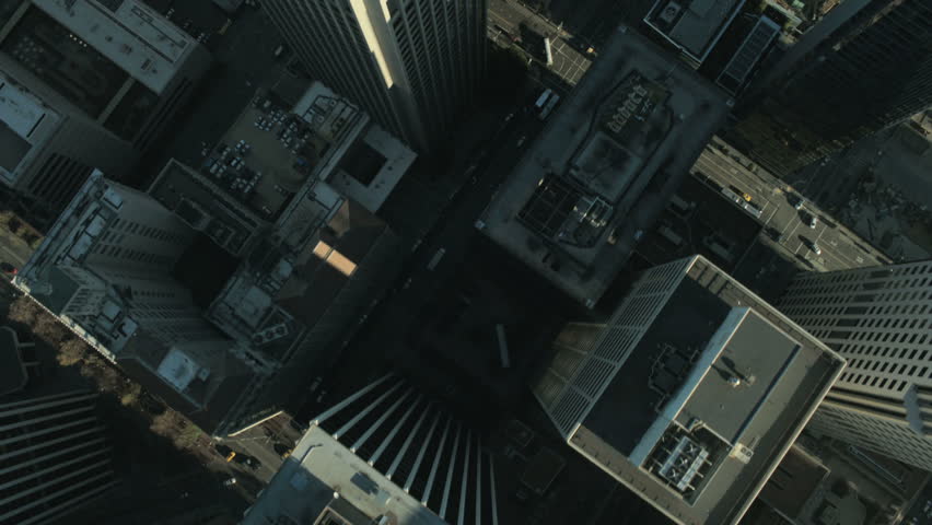 Aerial vertical view of skyscrapers and streets a modern congested urban city development, America, USA