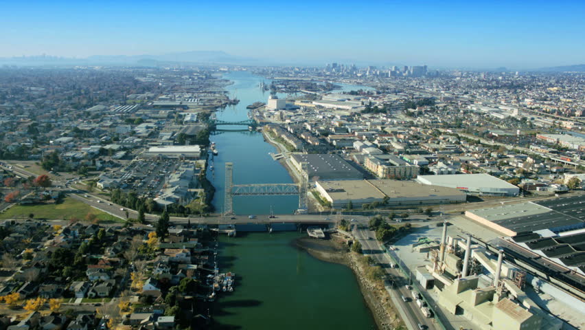 Aerial view over the Port of Oakland a commercial district of San Francisco, North America, USA