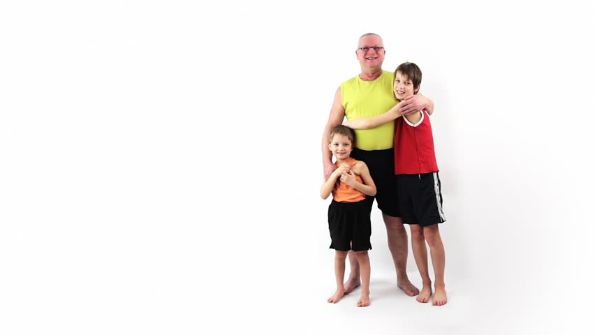 Happy family. Cheerful grandfather and grandchildren. Connection of the generations. Relationship. White background. High Key shot. Place for title. Canon 7d, HD 1080 25p
Clip ID: generation1_HD