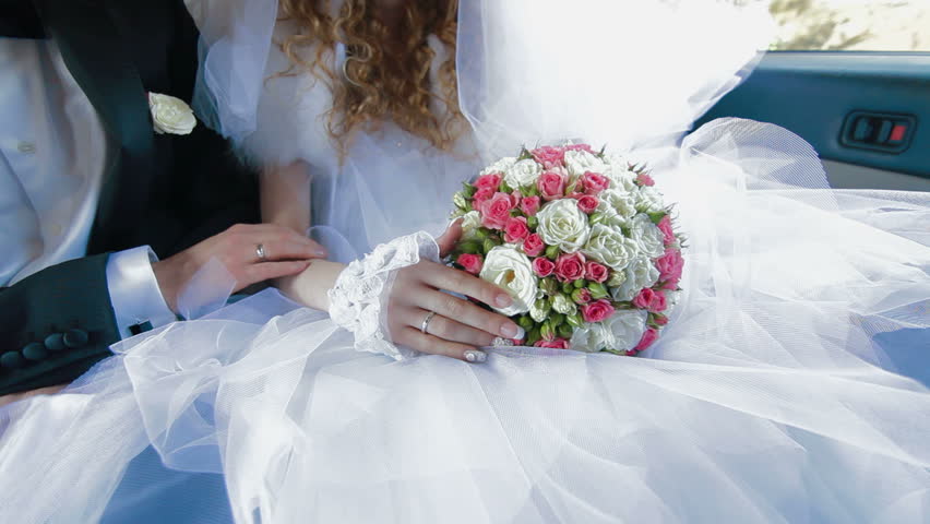 Just Married Young Couple Inside Limo