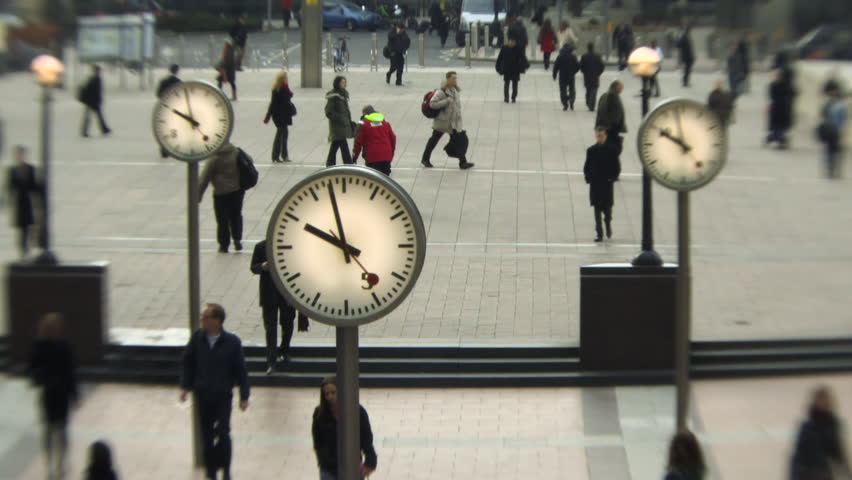 MEDIUM SHOT, Time lapse, People walking in Canary Wharf, London, England