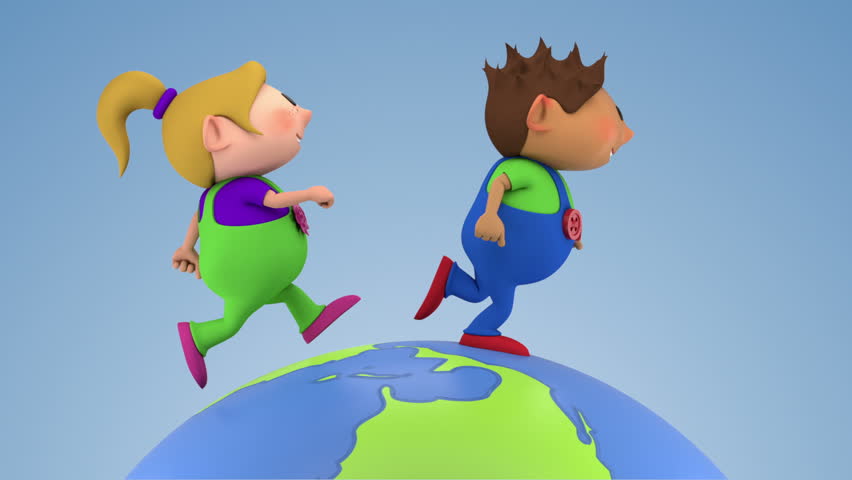 two cute kids running around a spinning globe - high quality 3d animation - loopable
