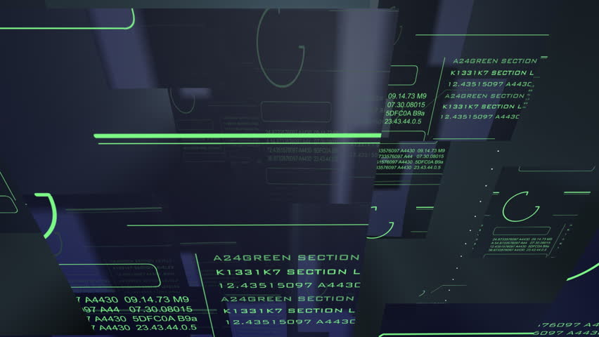 Fixed camera. Wide angle. Volume lighting. Transparent, futuristic squares with green text readout floating toward the camera at an angle.  