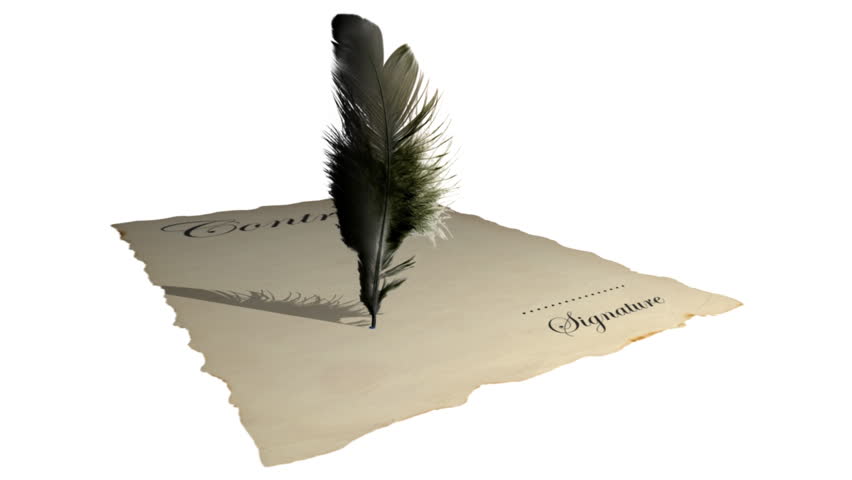 Signing name with quill on old paper