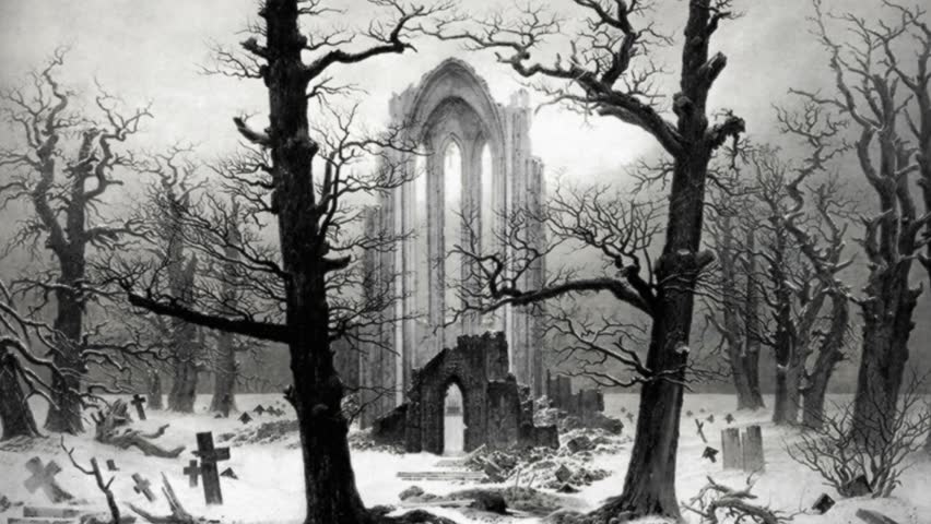 Composite animation of Monastery Graveyard Under Snow by Casper David Friedrich.