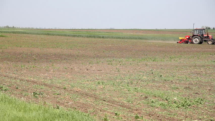 Farmer sowing corn and spraying against weeds on a field
