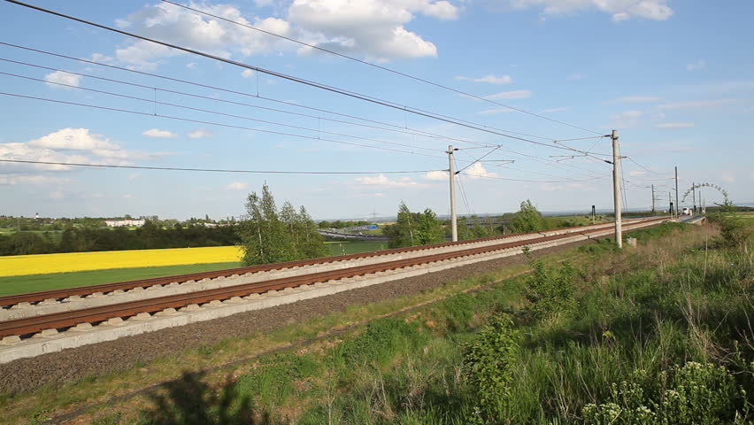 WALLAU, GERMANY â MAY 4: A passing german highspeed train (ICE) on the Frankfurt-Cologne line on May 4, 2012 near Wallau, Germany. The maximum speed of these highspeed trains is around 320km/h.