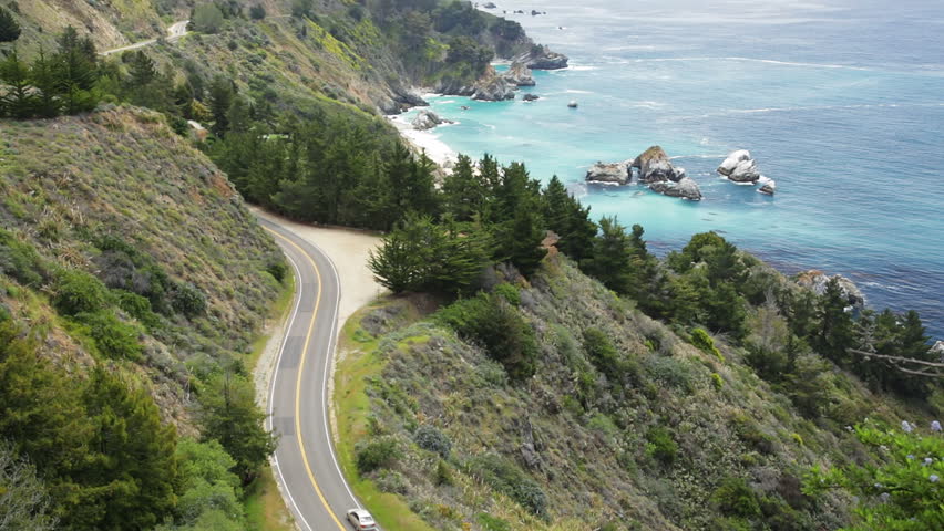 3 clips (two locked down, one panning) of California's Pacific Coast Highway from above (aka Highway 1 or Cabrillo Highway) along the Big Sur coast. 