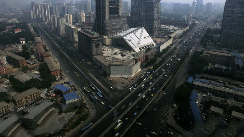 Timelapse aerial view of CCTV tower construction in Beijing, China.