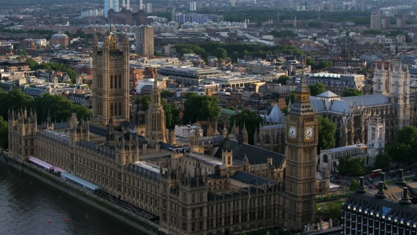 London - Circa 2010: Houses of Parliment in 2010. Timelapse aerial of British House of Parliament, London, England.