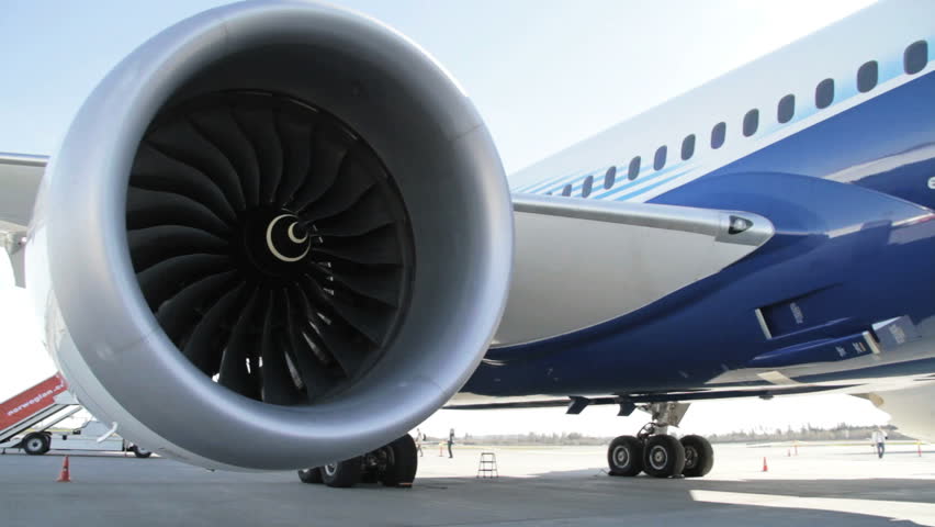 OSLO, NORWAY - MAY 2, 2012: Boeing 787 Dreamliner on its Europe Tour visiting OSL Airport, Oslo. Close up shot of right engine. Ratating fan blades