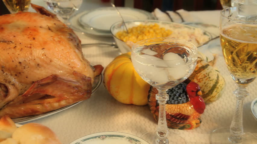 Panning right to left on a Thanksgiving dinner table
