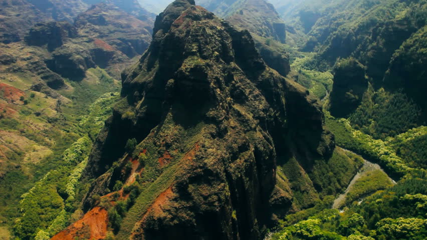 Aerial view of steep rugged mountain cliff on hawaii