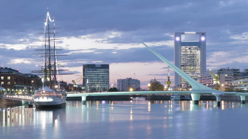 Puerto Madero harbor, Buenos Aires. Photo time-lapse from dusk to night - zoom out