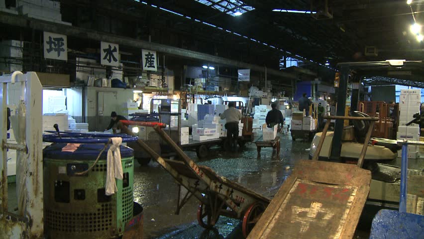 TOKYO, JAPAN - CIRCA 2008: activity in alley by Tsukiji wholesale market