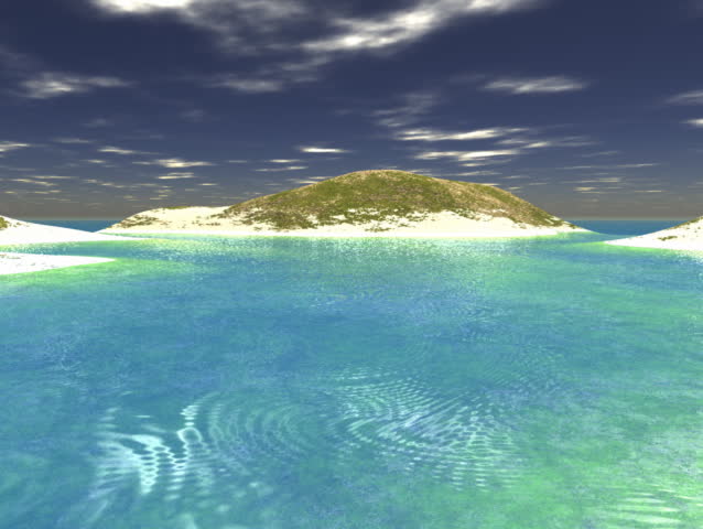 Computer-generated animation depicting the sun setting behind a lagoon