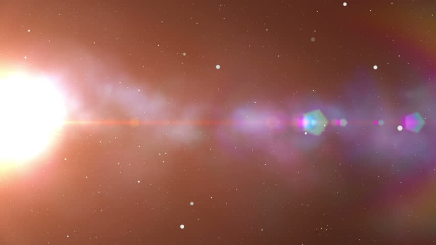 Beautiful space background with sun flare. The camera rotates around the sun against the stars. Seamless loop.
