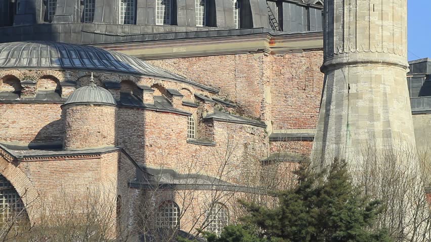 West minaret of Hagia Sophia, Istanbul, Turkey. Mosque detail by tilt. 
