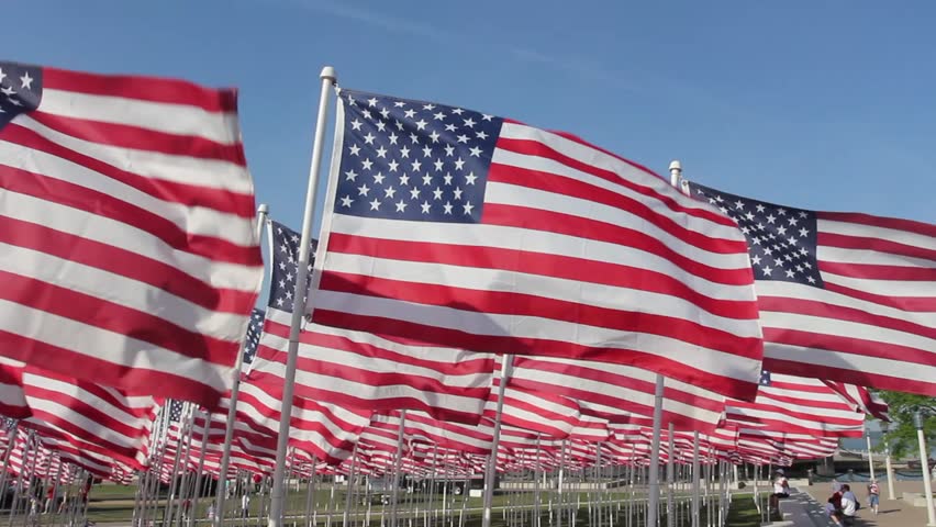 Flag display during Marine Week in Cleveland, Ohio.  Many flags waving in the Lake Erie breeze.  A strong wind gust comes along which starts the flags and flagpoles swinging and blowing dramatically..