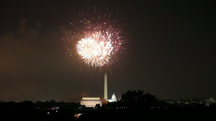 Fireworks over the Lincoln Memorial, Washington Monument and Capitol in Washington DC on the evening of Independence Day July 4th 2012