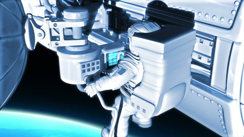 Spacecraft on Earth's orbit. Astronaut in open space. High technology 3d animation,