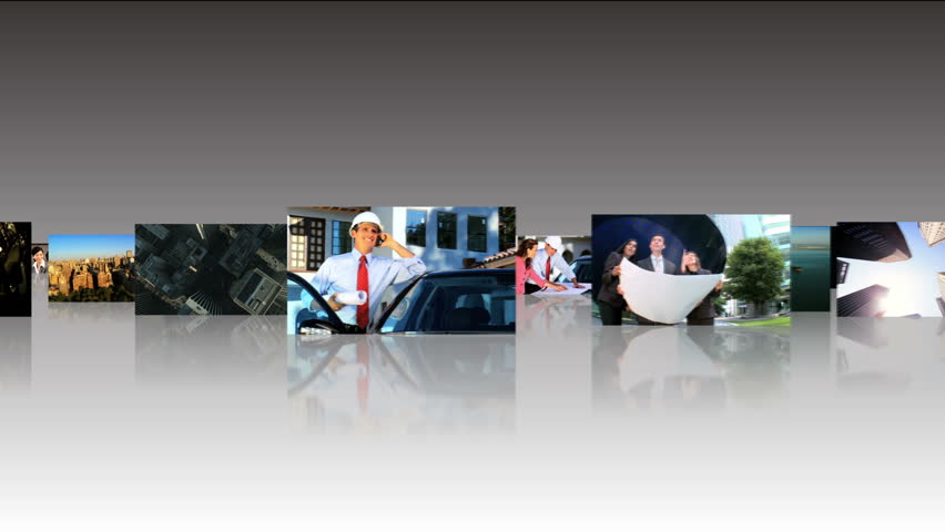 Montage fly through 3D tablet images of working day of professional architect and large city buildings