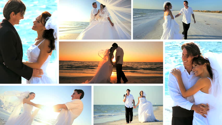 Montage selection island sunset wedding young Caucasian couple beach