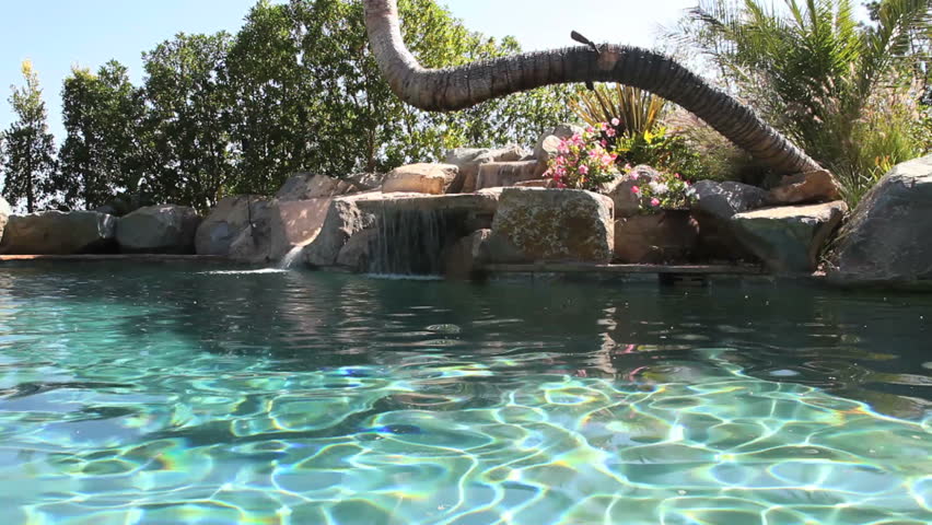 water level view of beautiful backyard pool with natural rock finish and trees
