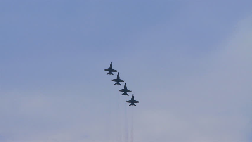QUONSET, RHODE ISLAND - CIRCA JUNE 2012: Blue Angels - 9 four jets flying straight up