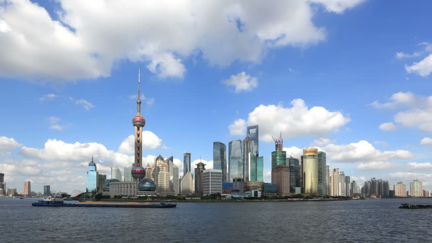 Shanghai skyline, timelapse. Pudong cityscape viewed from the Bund