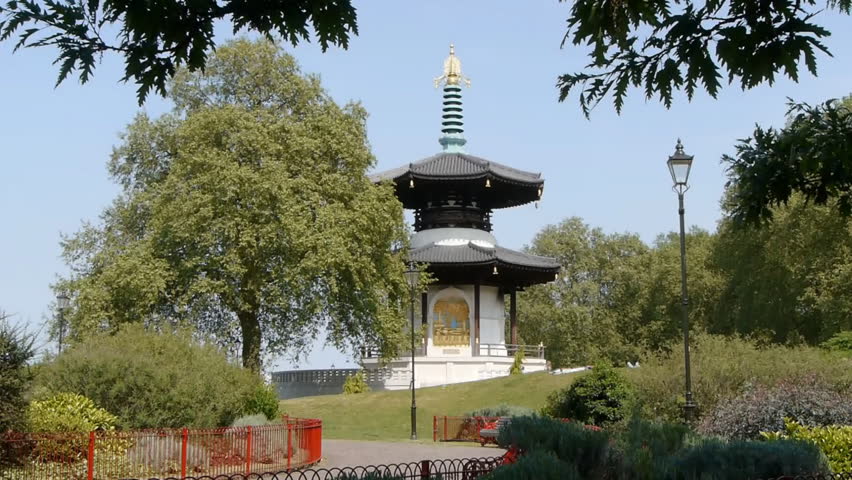 Battersea Peace Pagoda in London on a breezy, sunny day.