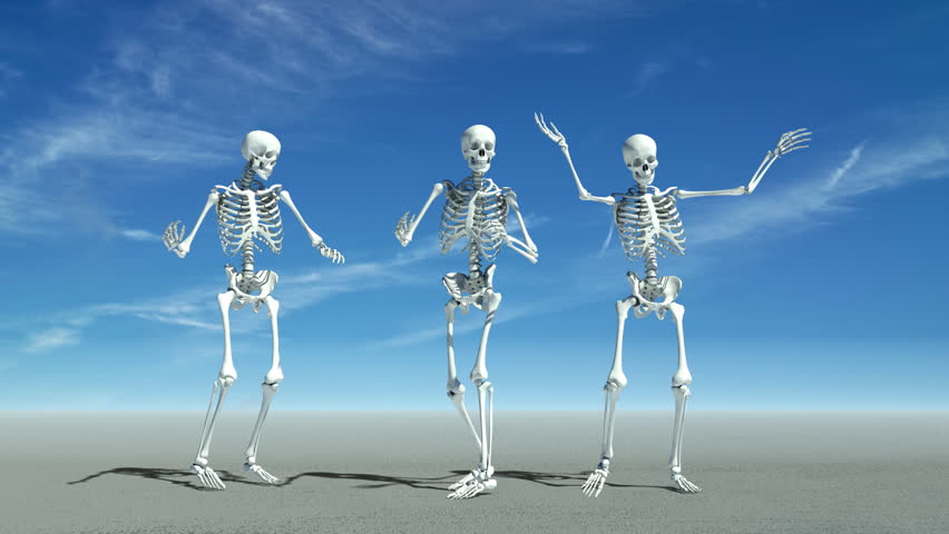 Three skeletons dancing in the desert.