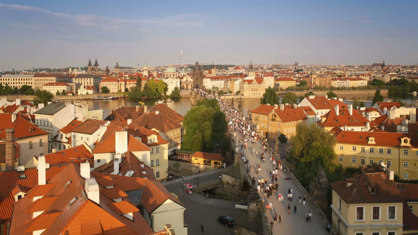 skyline view of Bridges of Prague including the Charles Bridge over the River Vitava, Czech Republic