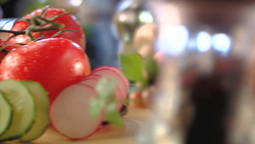Cooking salad sequence. Vegetables table- top.