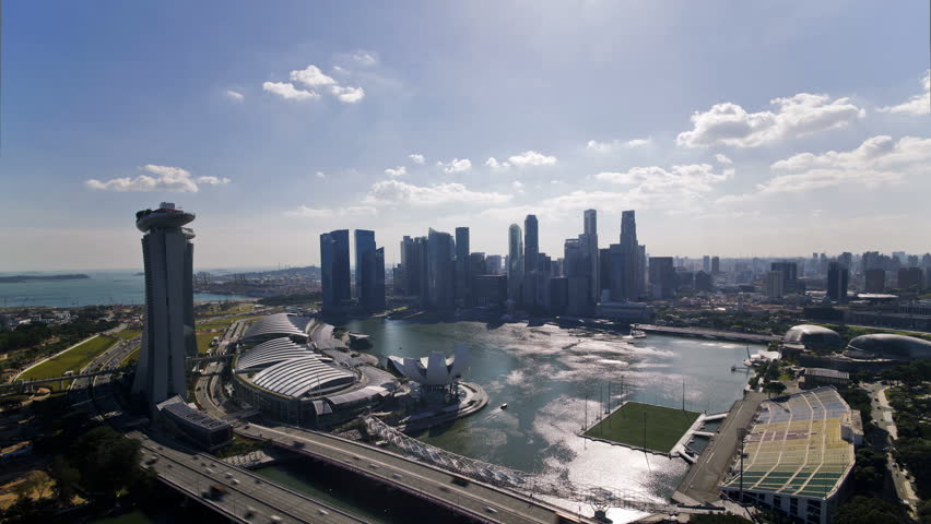 Elevated downward view over the City Centre and Marina Bay