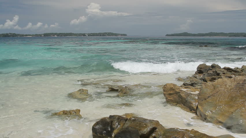 White sandy shore of a tropical island, Las Perlas archipelago, Panama, central America