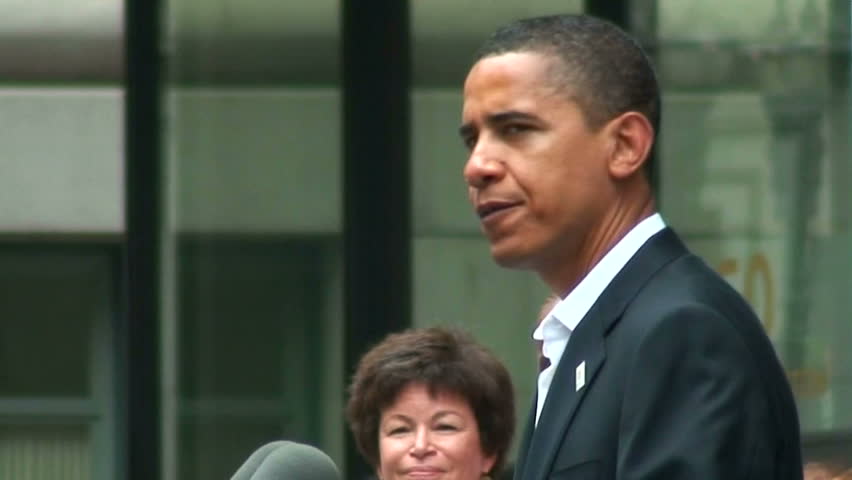 Chicago - June 6, 2008:  Senator Barack Obama, and Jackie Joyner-Kersee at an Olympic rally at the Chicago Daley Center. Obama predicts two terms!