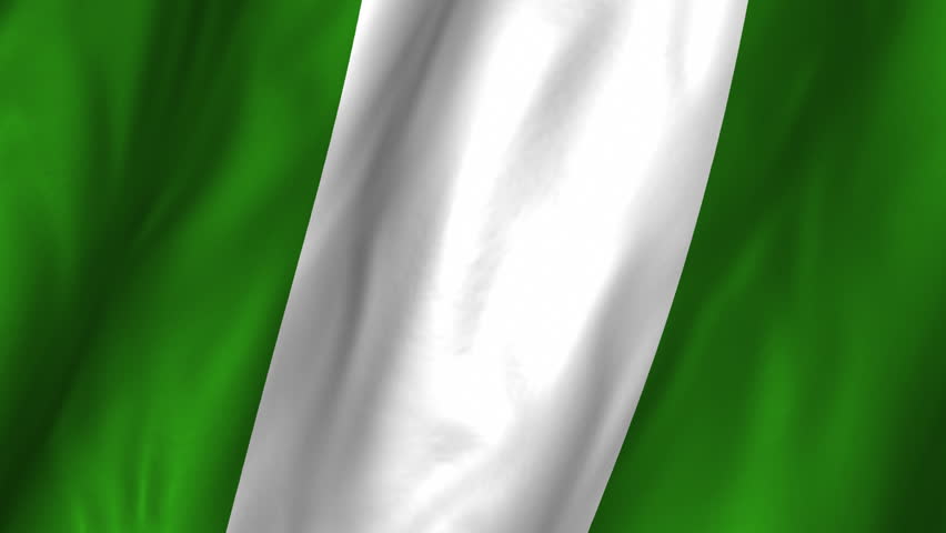 A beautiful satin finish looping flag animation of Nigeria.   A fully digital rendering using the official flag design in a waving, full frame composition.  The animation loops at 10 seconds.  