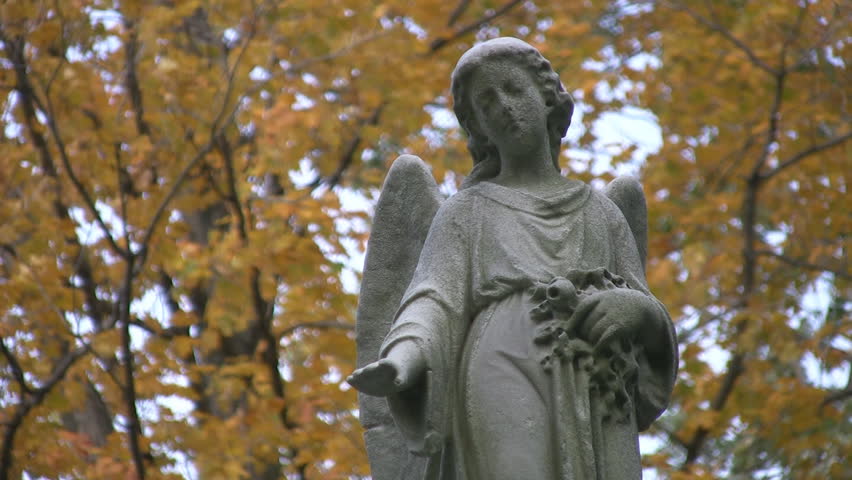 Cemetery angel looks down. Yellow defocused trees move in the background. Fixed tripod.