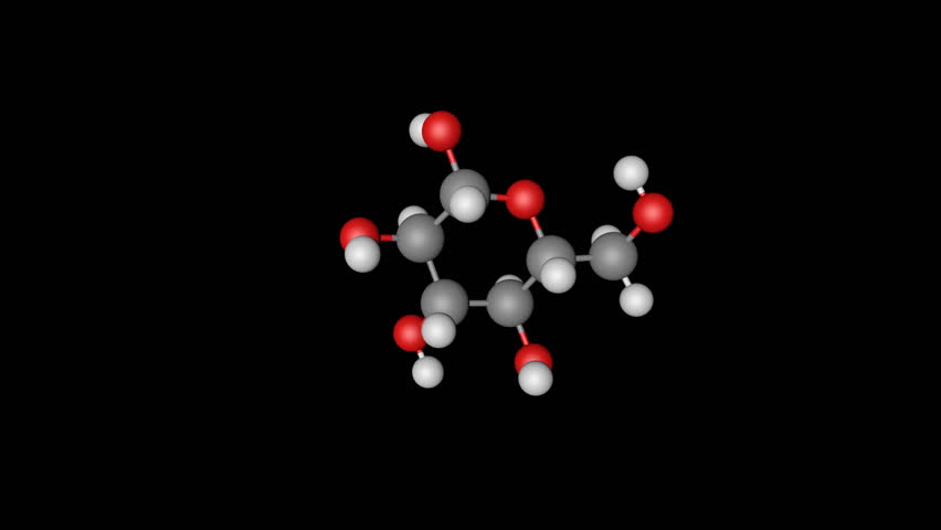 Ball and stick model of glucose molecule with animated carbon atom nucleus.