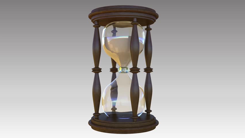 A realistic 3d hourglass with animated sand passing from one chamber to the next. Animated light move from left to right.
