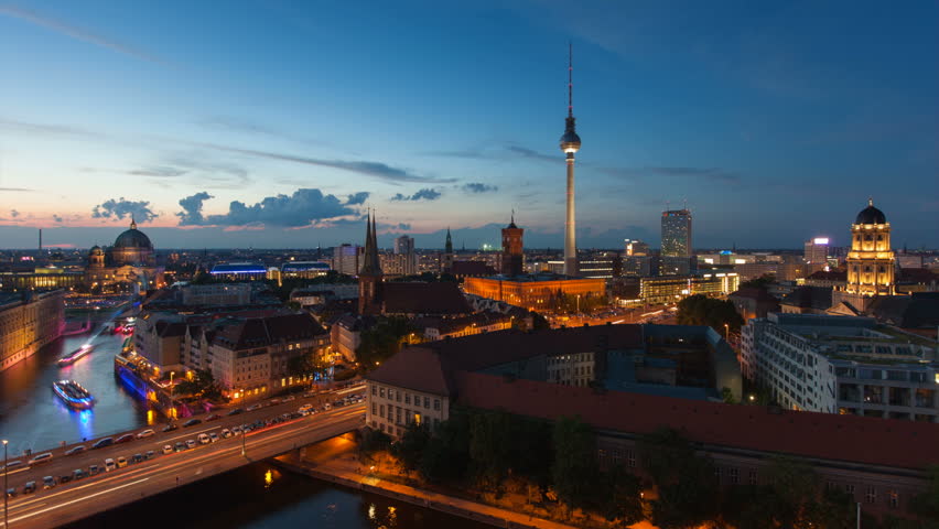 Berlin Skyline Light City Timelapse with Speed Boats and Traffic in Full HD 1080p, German Capital