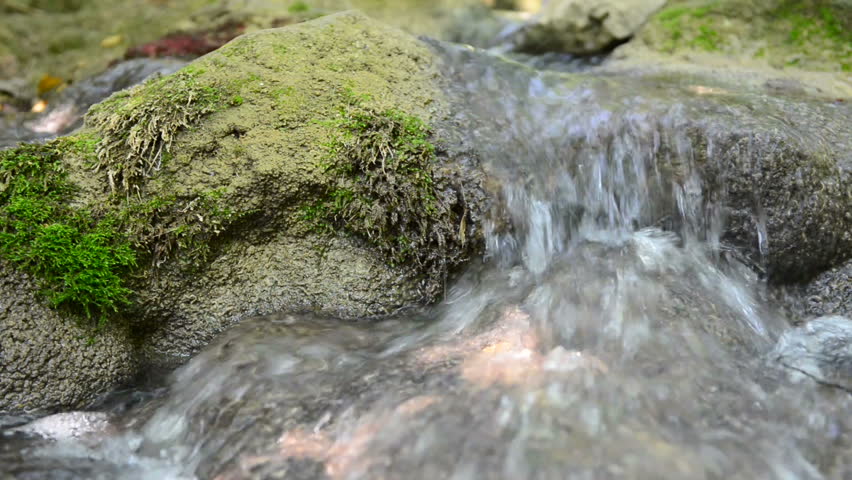 Mountain river and stones are moss grown