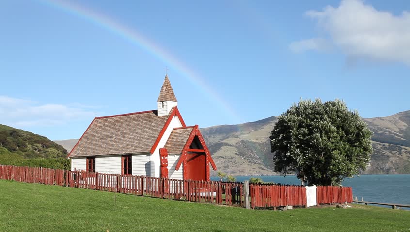 Maori church under the rainbow in Akaroa, New Zealand