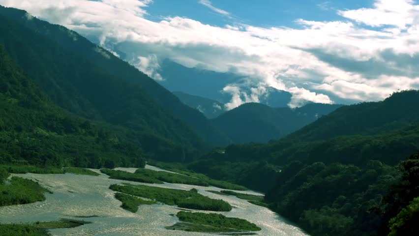Time lapse over Pastaza river, Ecuador, Tungurahua province. Camera rotates while zoom out, clear of birds or plains.